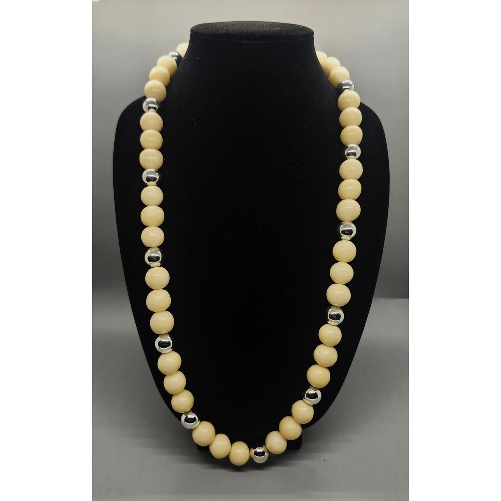 Long Cream Silver Tone Beaded Necklace - Fashion Jewelry